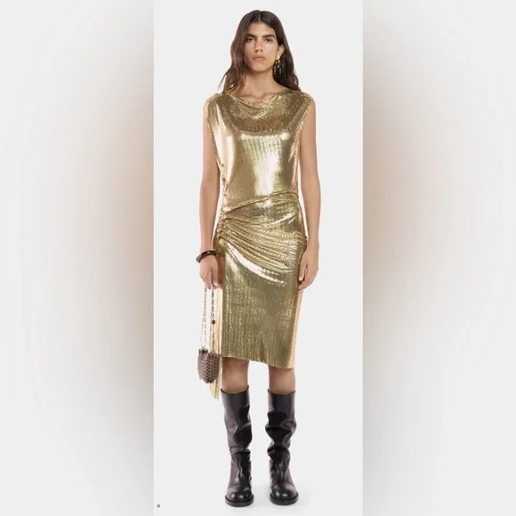 RABANNE Gold Chainmail Drapé Pression Dress, size 38 - Picture 2 of 12